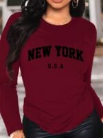 New York Print Crew Neck T-Shirt, Casual Long Sleeve T-Shirt For Spring & Fall, Women'S Clothing - Image 4