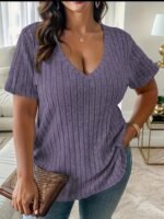 Plus Size V-Neck Casual Elegant Women'S Top - Stretchy Fabric, Machine Washable, All-Season Versatile Blouse For Everyday & Formal Wear, Ribbed Texture, Medium Elasticity - Image 5