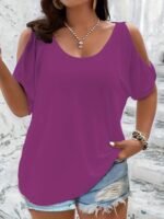 Plus Size Solid Cold Shoulder T-Shirt, Casual Crew Neck Short Sleeve T-Shirt, Women'S Plus Size?Clothing - Image 3