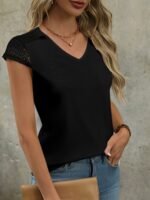 Solid Contrast Lave V-Neck T-Shirt, Elegant Short Sleeve Top For Summer & Spring, Women'S Clothing - Image 10
