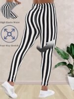Women'S High Waist Striped Polyester Spandex Leggings, Casual Stretchy Cropped Skinny Pants, Knit Fabric, For All-Season Comfort, Weekend Casual Wear
