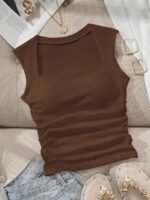 Women'S Y2K Style Solid Color Square Neck Tank Top, 250G Polyester Non-Padded Ribbed Knit Vest For All Seasons, Fashion Sleeveless Shir - Image 2