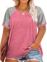 Plus Size Women'S Summer Casual Raglan Color Block T-Shirt - Teal & Heather Grey Short Sleeve Loose Fit Tee, Breathable Round Neck Top For Casual Attire, Ladies T Shirts, Smooth Texture Shirt, Soft Fabric Tee - Image 10