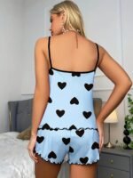 Women'S Blue & Black Heart Print Spaghetti Strap Pajama Set - Casual Polyester-Elastane Blend, Lightweight 145G/M?, Perfect For All Seasons, Adult Sleepwear | Heart Pattern Top | Elastane Comfort Fit - Image 4