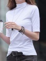 8077 Casual High Neck Solid Color T-Shirt For Women - Polyester Knit Fabric, Regular Fit, Spring/Fall Season - Image 4