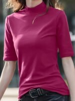 Women'S Casual Stretch T-Shirt - Vibrant Green Solid Color, Stand-Up Collar, High Elasticity, Machine Washable, All-Season Comfort Fit, Cute T Shirts, Versatile Clothing, Pearl Necklace Accent - Image 5