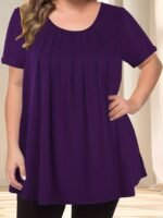 Women'S Casual Crew Neck Short Sleeve Blouse, Solid Color Plus Size, Lightweight Polyester With Subtle Stretch, Flared Hem, Spring/Summer Fashion Top, Casual Wear Blouse | Elegant Plus Size | Simple Eleganc - Image 3