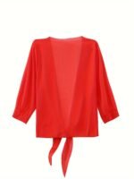 Women'S V-Neck Polyester Cardigan - Solid Color Half Sleeve Short Length With Lace-Up Detail, Non-Stretch Woven Fabric, Spring/Summer Lightweight Chiffon Sun-Protective Clothing - Image 10