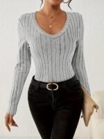 V Neck Slim Ribbed T-Shirt, Elegant Solid Long Sleeve Top For Spring & Fall, Women'S Clothing