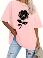 Plus Size Rose Print T-Shirt, Casual Short Sleeve Top For Spring & Summer, Women'S Plus Size Clothing