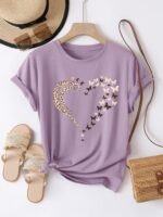 Casual Crew Neck Short Sleeve T-Shirt, Women'S Polyester Basic Round Neck Pullover, Heart Butterfly Pattern, With Slight Stretch, Regular Length And H Fit - Image 5