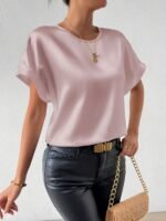 Women'S Batwing Short Sleeve Round Neck Blouse - Elegant Solid Color Non-See-Through Shirt, Machine Washable Lightweight Top For Spring Summer Fall, Versatile Casual & Formal Wear, Seasonal Fashion, Sophisticated Casual, Nonseethrough Fabric - Image 9