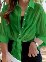 Plus Size Women'S Lightweight Semi-Sheer Chiffon Shirt - Casual Beach Cover-Up With Front Tie Bow, Loose Fit Open Front Button-Up For Swimsuits & Dresses, Machine Washable Spring/Summer Tops, Summer Layering Piece, Foldover Collar, Elegant Ruching, Vacation Outfit, Flowy Texture, Stylish Cover Up, Beachgoers Outfit - Image 6