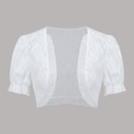 Solid Eyelet Contrast Lace Crop Cardigan, Elegant Puff Short Sleeve Open Front Top, Women'S Clothing