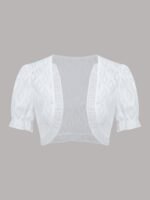 Solid Eyelet Contrast Lace Crop Cardigan, Elegant Puff Short Sleeve Open Front Top, Women'S Clothing