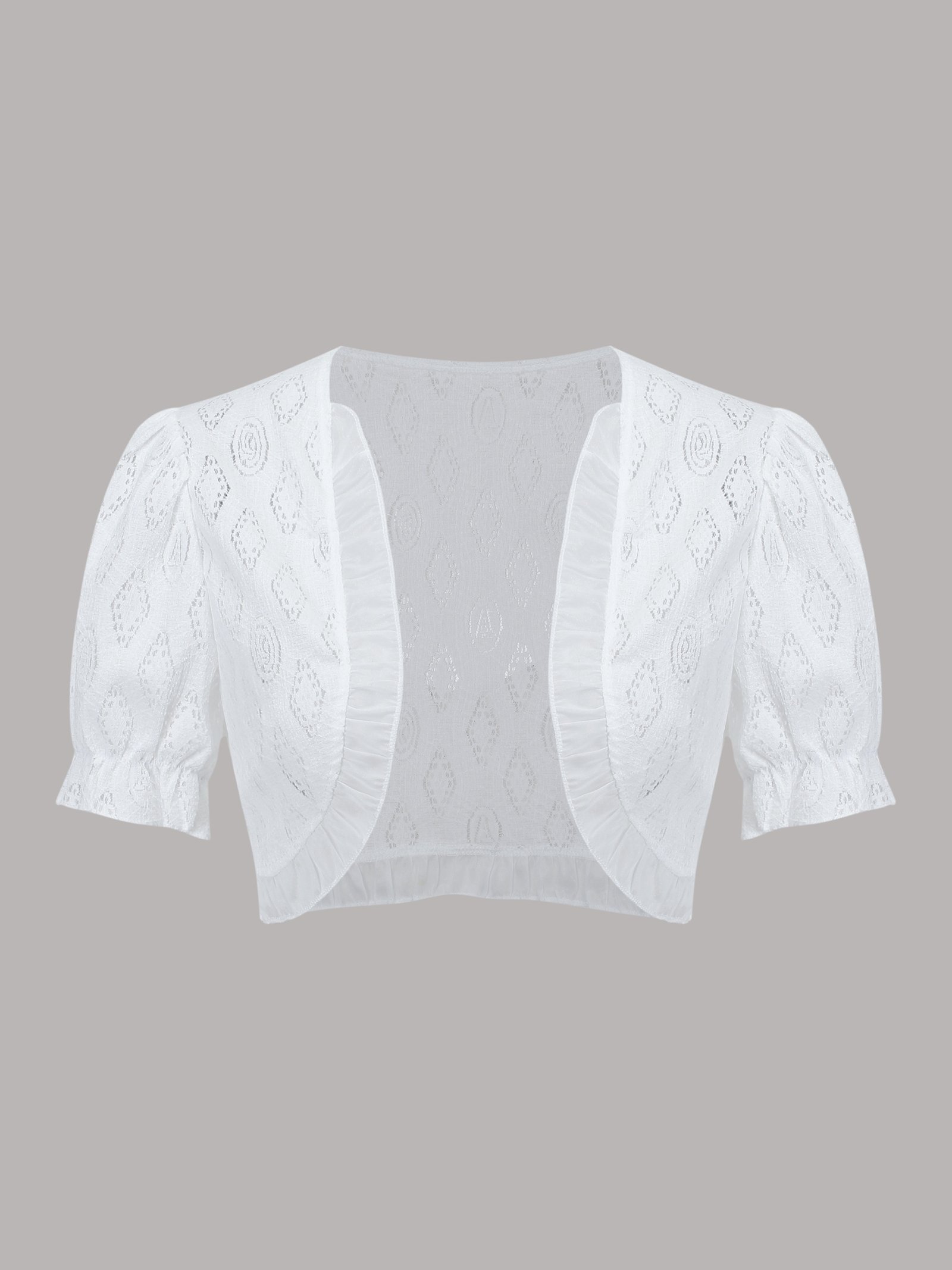 product-fancy-58c23a09-6336-4f2e-90b8-933f9c0fdf6e.jpg Solid Eyelet Contrast Lace Crop Cardigan, Elegant Puff Short Sleeve Open Front Top, Women'S Clothing - Image 1