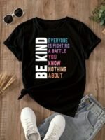 Women'S Casual Crew Neck Short Sleeve T-Shirt - "Be Kind" Inspirational Quote, Loose Fit, Geometric Pattern, Summer Essential, Summer Casual Wear | Casual Loose Fit Tee | Graphic Print Shir - Image 3