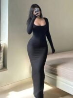 Form-Fitting, Ultra-Long Women'S Autumn Dress With Long Sleeves, Square Neckline, A-Line Silhouette, And A Sexy, Tailored Fit.