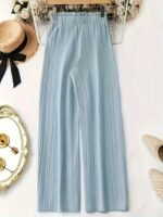 Plus Size - Women'S Elegant Textured Wide-Leg Pants With Bow Detail - Light Blue Solid Color, Loose Fit Straight-Leg Trousers For Spring, Summer & Fall, Versatile Casual To Formal Wear, Seasonal Fashion, Nonstretch Fabric - Image 7