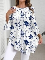 Plus Size Women'S Casual Elegant Floral Print Round Neck Blouse - Navy Blue & White Summer Top, Machine Washable Non-See-Through Fabric, Relaxed Fit For Casual Attire, Comfortable Daily Apparel | Nontransparent Material, Floral Print Blouse - Image 3