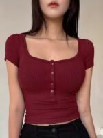 Women'S Elegant Ribbed Crop Top With Button Front - Pink, Short Sleeve, Button-Up Shirt For Spring/Summer, Polyester Blend, Machine Washable, Spring Fashion Tee | Buttonup Shirt | Texture - Image 3