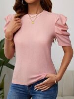Elegant Ruffled Sleeve T-Shirt - Soft Stretch Polyester-Spandex Blend, Round Neck Casual Chic Top, All-Season Versatile Wear, Hand Wash Only - Image 9