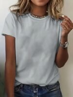 Women'S Elegant Casual Short Sleeve T-Shirt - Round Neck Solid Black Top, Medium Stretch Machine-Washable Fabric, Versatile All-Season Wear For Everyday & Formal Outfits, Versatile Clothing, Sophisticated Style, Comfortable Fit - Image 2