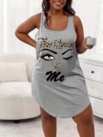 Plus Size Women'S Casual Tank Nightgown - "The Queen" Graphic Print With Leopard Accents, Front Short Back Long Hem, Soft Breathable Fabric, All-Season Machine Washable Lounge Sleepwear, Comfortable Tanktop For Home, Relaxed Fit Sleepwear, Playful Print Design, Long Hem Design