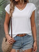 Women'S Casual V-Neck Top - Short Sleeve, Solid Black, Stretchy & Breathable Polyester Blend, Perfect For Spring/Summer/Fall, Versatile Clothing | Vneck Design | Construction - Image 2