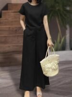 Women'S Elegant Solid Color Short Sleeve Top & Wide Leg Pants Set - Perfect Matching Outfit With Pockets, Crew Neck, Regular Fit For Spring/Summer, Casual Outfit|Elegant Casualwear| Texture - Image 5
