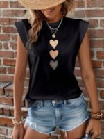 Heart Print Crew Neck T-Shirt, Casual Cap Sleeve Top For Spring & Summer, Women'S Clothing - Image 4