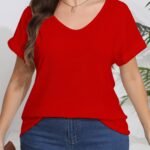 Plus Size, Plus Size Women'S Elegant V-Neck T-Shirt - Soft Semi-Sheer Fabric, Vibrant Red, Machine Washable, Spring Summer Fall Casual Top, Ladies T Shirts, Seasonal Fashion, Sophisticated Casual, Comfortable Fit