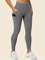 Plus Size Sports Leggings, Women'S Plus Solid Pipping High Rise High Stretch Skinny Leggings With Pockets Suitable Spring/Autumn - Image 8