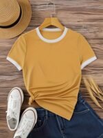 Contrast Trim Short Sleeve T-Shirt, Casual Crew Neck Top For Spring & Summer, Women'S Clothing - Image 3
