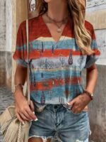 Women'S Bohemian Ethnic Print V-Neck Short Sleeve T-Shirt - Summer Casual Loose Fit Plus Size Top With Vibrant Geometric Patterns, Machine Washable, Cute T Shirts, Stylish Streetwear, Nontransparent Fabric - Image 4