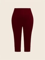 Plus Size, Plus Size High-Waisted Stretchy Rhinestone-Embellished Side Slit Capri Pants - Solid Black Casual Outdoor Leggings For Women, Spring/Summer Fashion, High Waist Pants, Spring Summer Apparel, Nontransparent Fabric, Spring Fashion, Breathable Material, Summer Wardrobe - Image 8