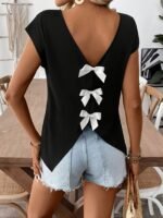 Women'S Casual Bowknot Short Sleeve T-Shirt - Black V-Neck With White Bow Detail, Perfect For Summer Outings And Casual Attire, Everyday Top | Bowknot Detailing | Stylish Accessory - Image 8