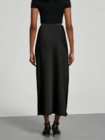 Women'S High-Waist Satin Midi Skirt - Elegant Solid Black, Flared Design, Perfect For Dates & Work, All-Season Polyester Skirt, Office Wear Skirt | Flared Skirt Style | Quality Construction - Image 10