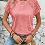 Women'S Elegant Solid Color Lace Sleeve T-Shirt - Summer Casual Chic Blouse With Breathable Fabric, Machine Washable, Versatile For Casual & Formal Outfits, Cropped Tee Style | Soft Texture Top, Ladies T Shirts