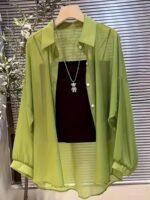 Solid Color Loose Button Front Shirt, Casual See Through Long Sleeve Thin Shirt For Spring & Fall, Women'S Clothing - Image 4