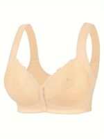 Plus Size Women'S Front Closure Wire-Free Contrast Lace Bra - Jacquard & Lace Trim, Non-Removable Padded Cups, Minimalist Everyday Comfort For Autumn Winter, Elegant Lingerie, Soft Fabric Construction - Image 9