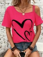 Heart Print Slant Shoulder T-Shirt, Casual Short Sleeve Top For Spring & Summer, Women'S Clothing - Image 8