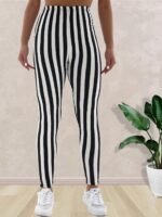 Women'S High Waist Striped Polyester Spandex Leggings, Casual Stretchy Cropped Skinny Pants, Knit Fabric, For All-Season Comfort, Weekend Casual Wear - Image 4