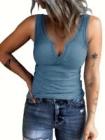 Solid Color Notched Neck Tank Top, Casual Sleeveless Tank Top For Summer, Women'S Clothing - Image 3