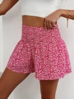 Women'S High-Waisted Floral Print Shorts - Black & White Ditsy Pattern, Ruffled Hem, Stretchy & Comfortable Summer Fashion, Hand Wash Only, High Waisted Shorts - Image 5