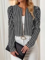 Houndstooth Pattern Open Front Jacket, Elegant Puff Sleeve Outwear For Spring & Fall, Women'S Clothing - Image 3