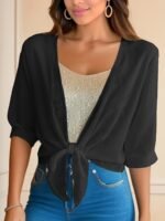 Solid Color Tie Front Crop Blouse, Versatile Half Sleeve Blouse For Spring & Summer, Women'S Clothing - Image 7
