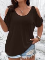 Plus Size Solid Cold Shoulder T-Shirt, Casual Crew Neck Short Sleeve T-Shirt, Women'S Plus Size?Clothing - Image 4