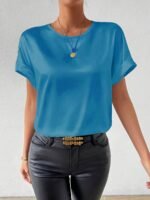 Women'S Plus Size Light Blue Woven Blouse - Elegant Short Sleeve Crew Neck, Solid Color, Non-Stretch Fabric, Perfect For Summer, Casual Summer Wear|Sleek Fitted Look|Nonstretch Material, Plus Size Blouses - Image 5