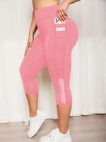 Plus Size Mesh Seven-Split Pants With Pockets, High-Waisted Tummy Control Workout Running Yoga Leggings, Women'S Sportswear - Image 3